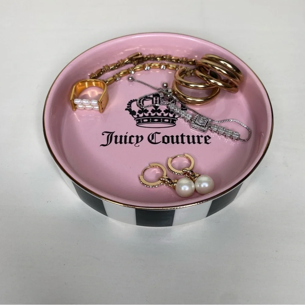 Juicy Couture Pink Jewelry Trinket Dish Tray with Black and White Stripes New
